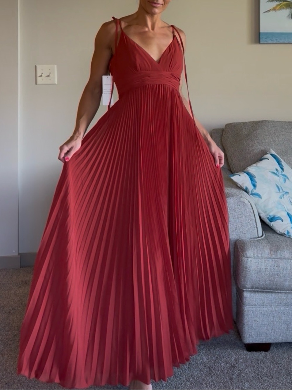 NWT Rust Red Pleated Maxi Dress with Tie-Strap Shoulders